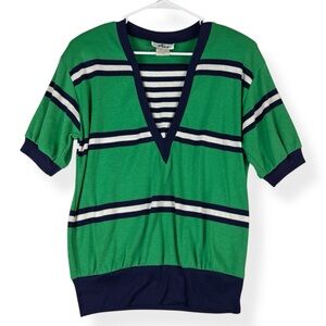 Vintage Justin B Jones Top Womens M Medium Green Navy Striped Short Sleeves NWT